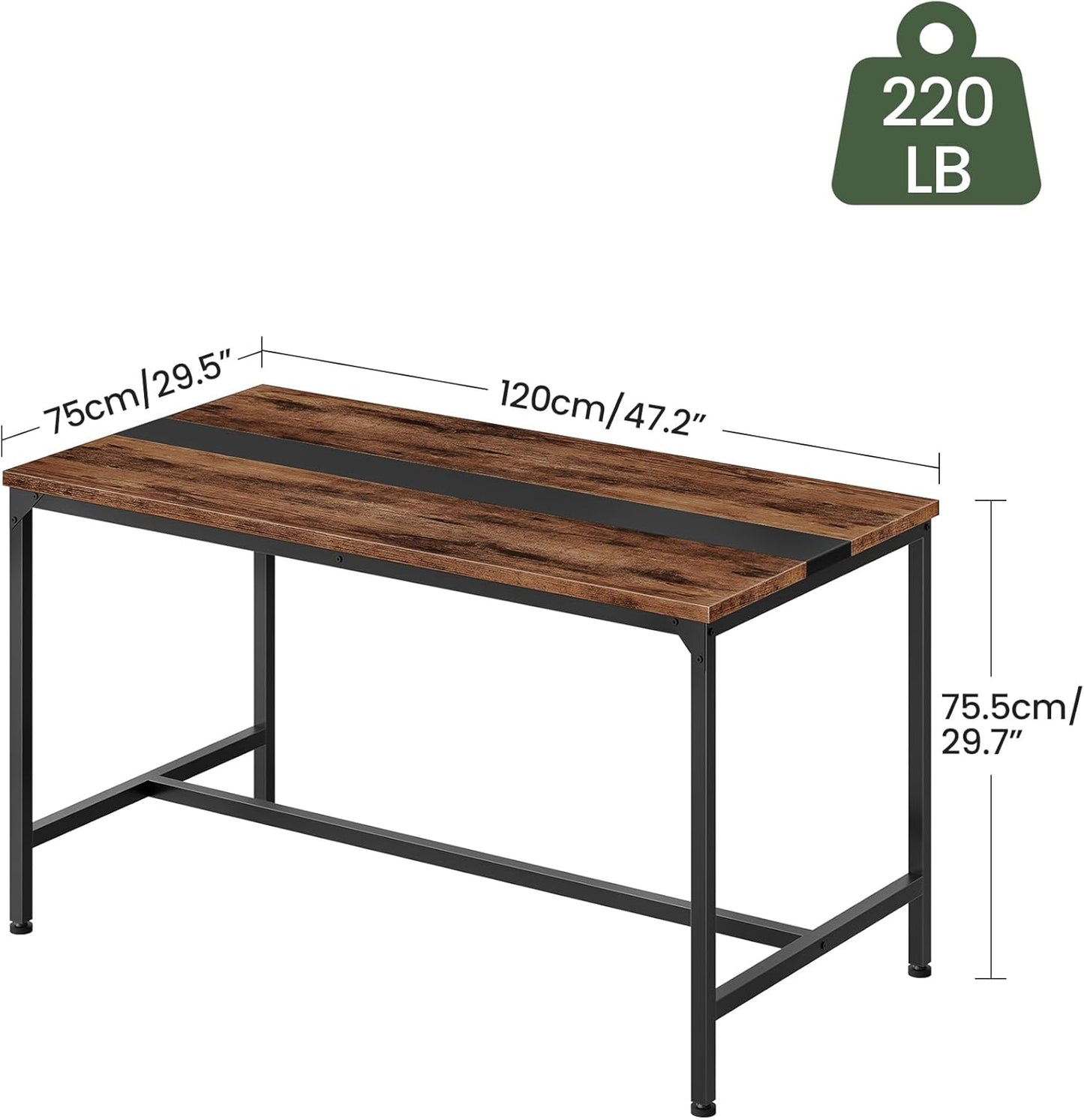 47.2'' Dining Table, Rectangle Color-Blocked Kitchen Dinner Table, for 6 People, Writing Desk, for Dining Room, Living Room, Office, Rustic Brown and Black TCZ12BF