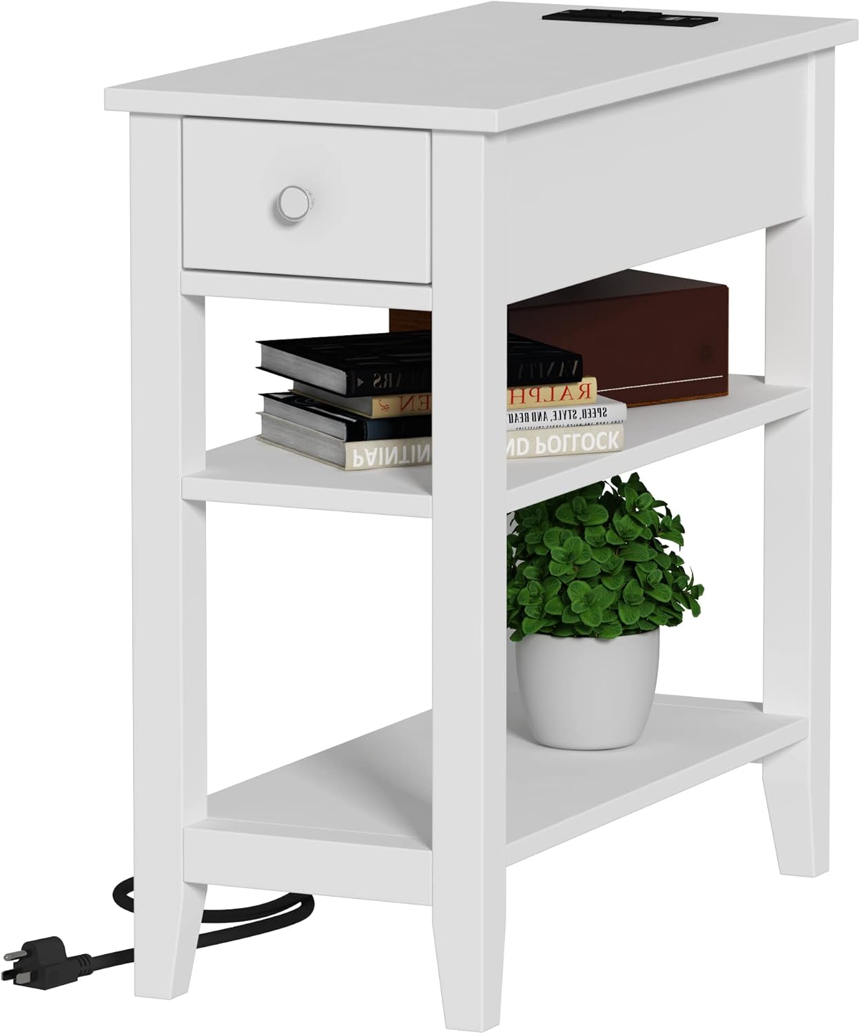 ChooChoo Narrow End Table with Charging Station, Side Table Living Room with USB Ports & Power Outlets and Hidden Drawer, 3-Tier Skinny Nightstand with 2 Open Storage Shelves for Small Place (White)