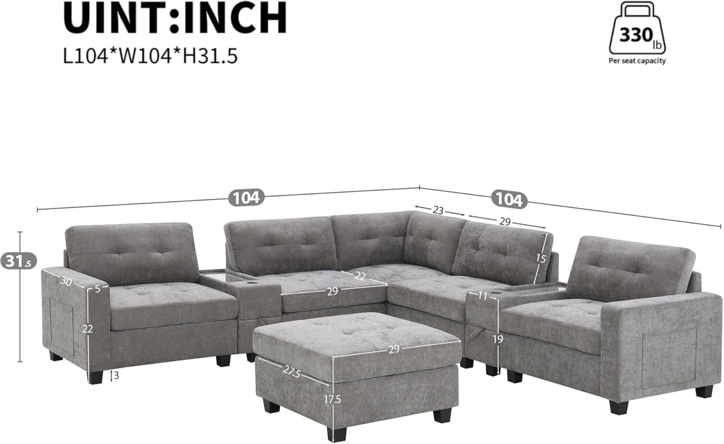 Merax 104 * 104" Chenille Sectional Couches with 2 Acrylic Consoles, Upholstered Modular Tufted Sofa Chaise with Ottoman, Storage Drawers, Pockets, USB Charger & Cup Holders for Living Room Apartment