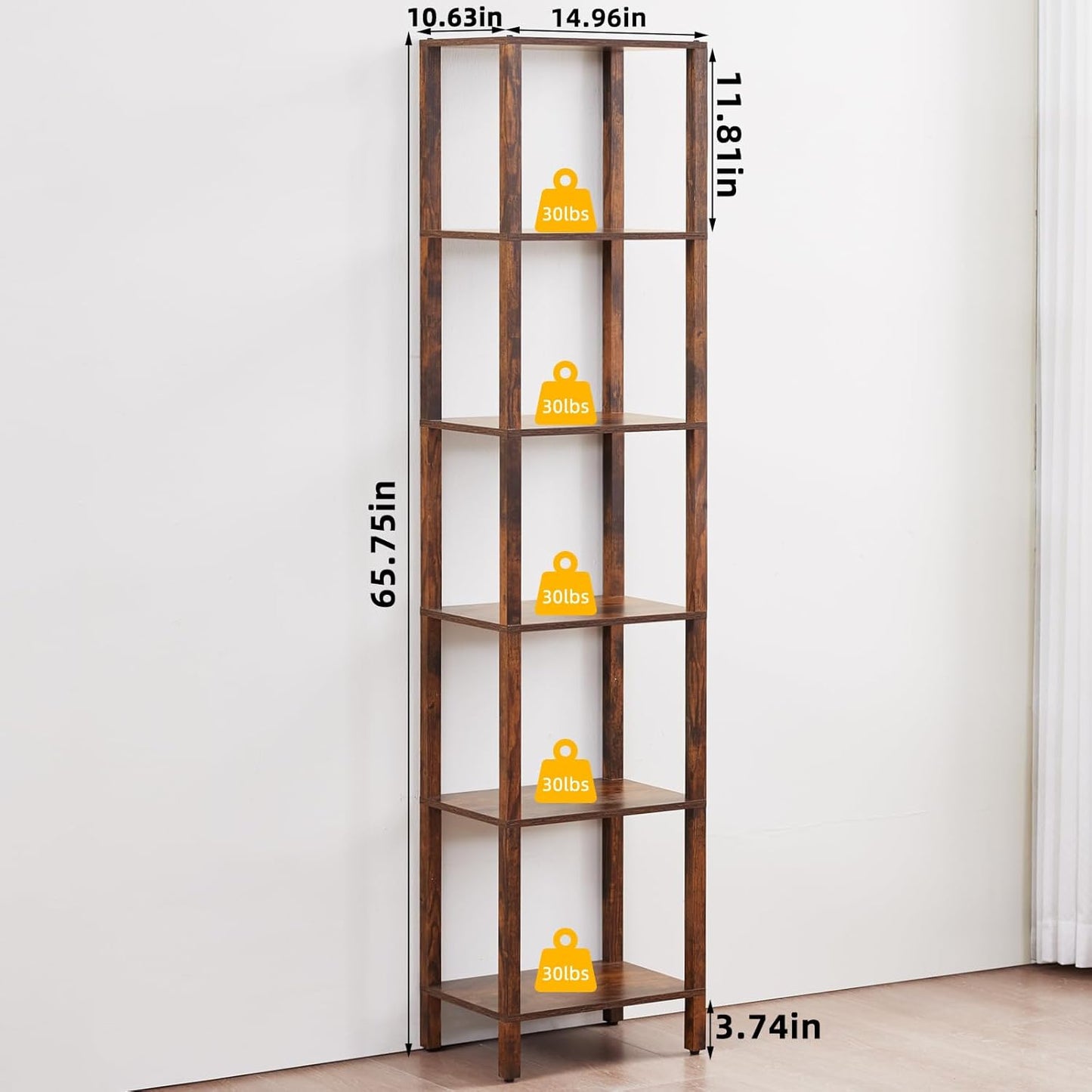 66in Tall Bookshelf 6-Tier Small Narrow Bookcase, Skinny Book Shelf for Small Space, Farmhouse Slim Shelf with Storage, Wood Freestanding Display Thin Bookshelves for Living Room, Office, Brown