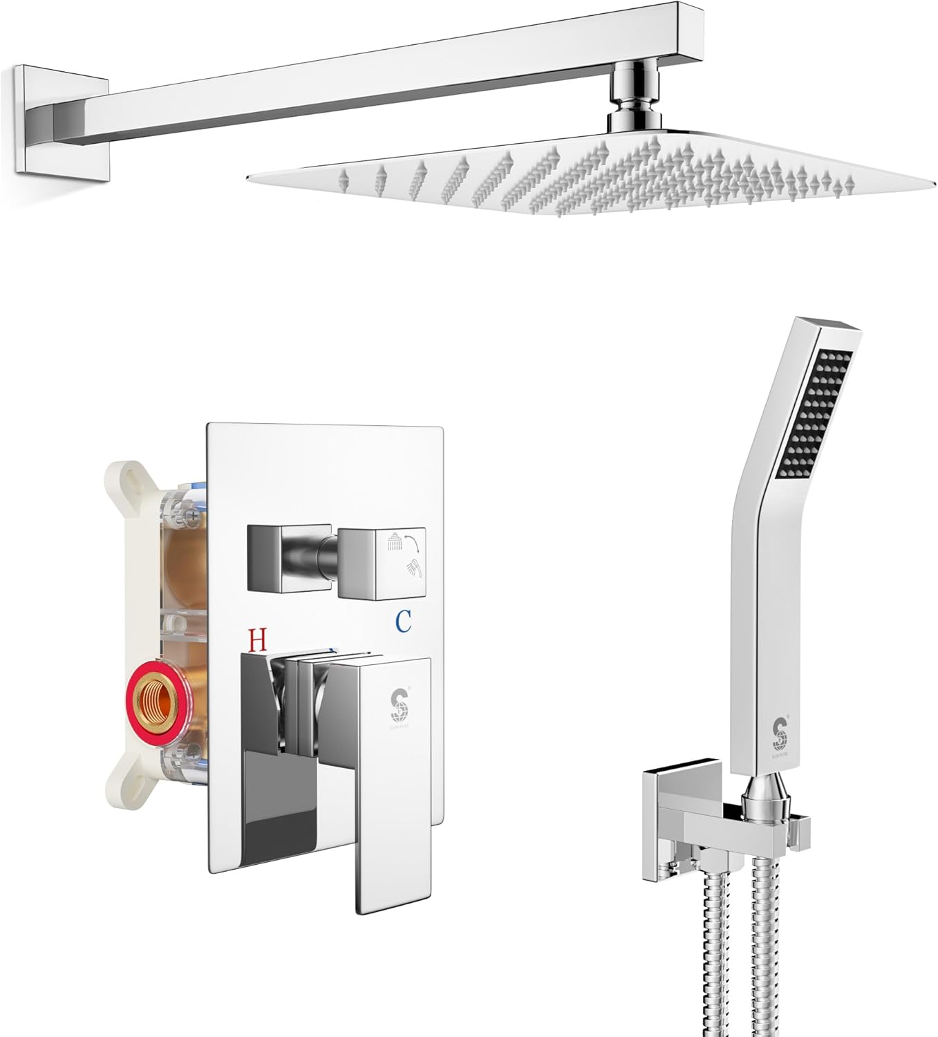 SR SUN RISE SRSH-F5043 Bathroom Luxury Rain Mixer Combo Set Wall Mounted Rainfall Shower Head System Polished Chrome, (Contain Faucet Rough-in Valve Body and Trim)