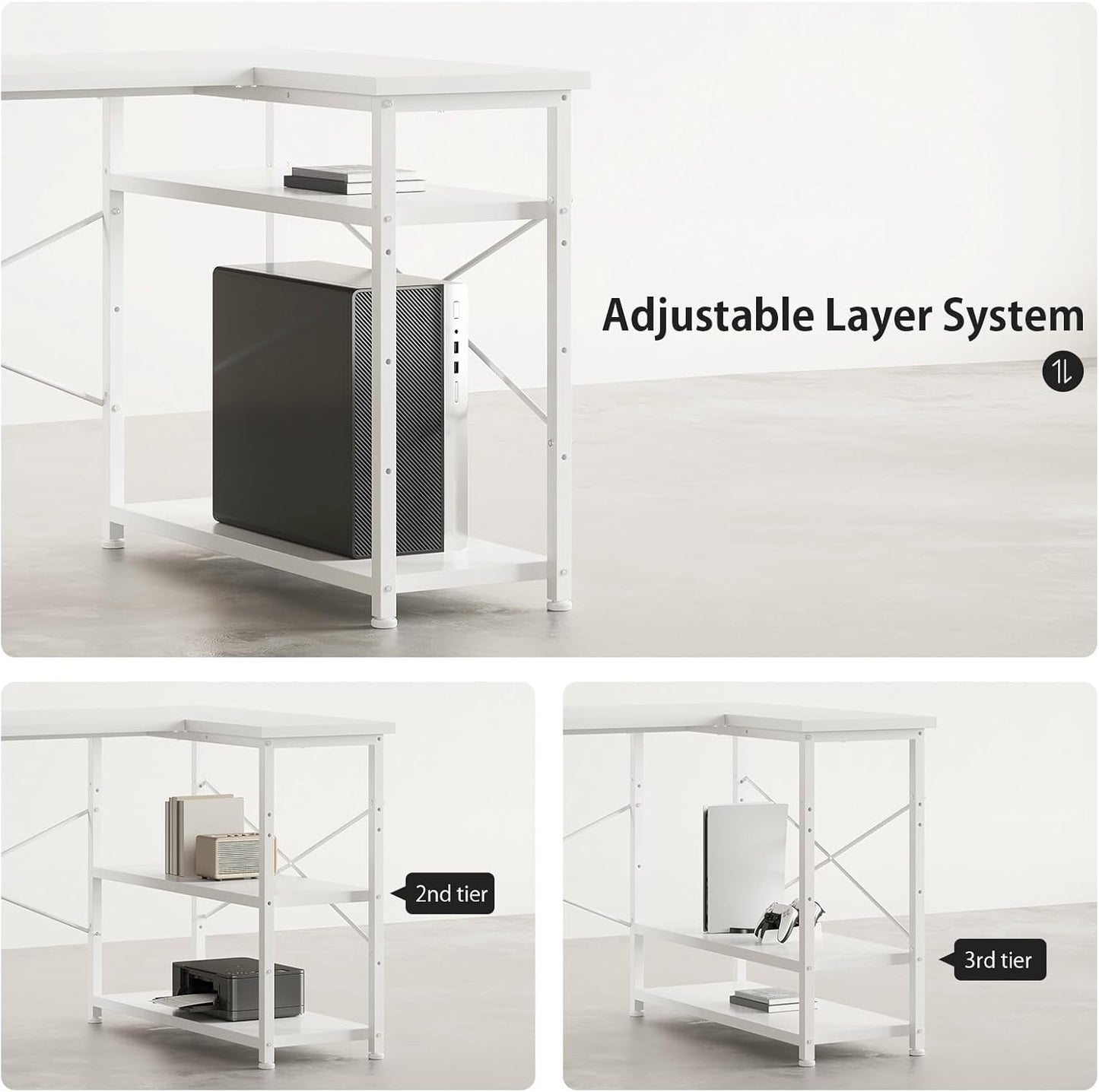 55" Computer Desk with Drawers, Desks for Bedrooms, Writing Desk with Storage, Work Desk for Small Space, White