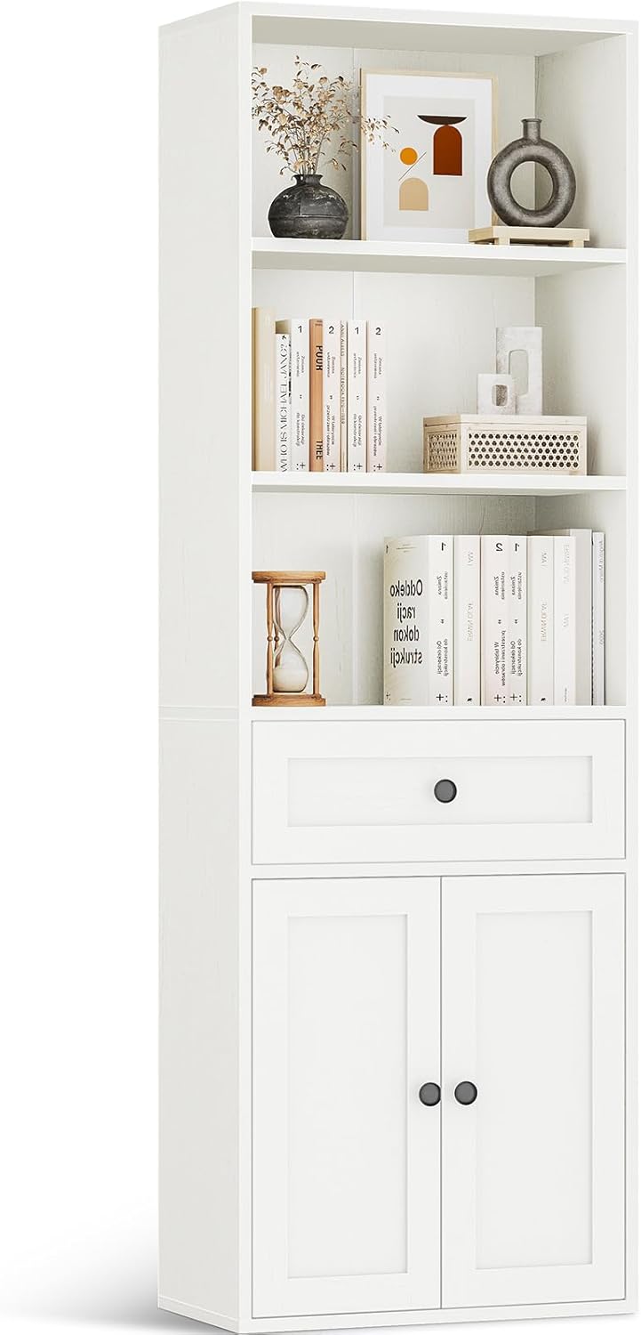 Casaottima Bookshelf and Bookcase with Doors and Drawer, Floor Standing 6-Tier Shelf Display Storage Shelves, Tall Bookcases for Home Office, Living Room, White