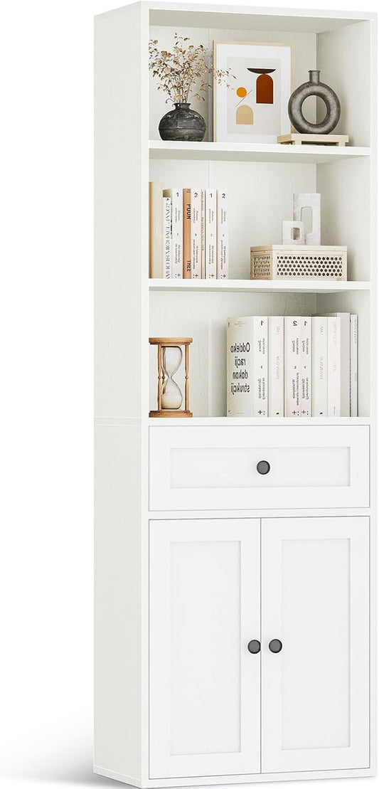 Casaottima Bookshelf and Bookcase with Doors and Drawer, Floor Standing 6-Tier Shelf Display Storage Shelves, Tall Bookcases for Home Office, Living Room, White