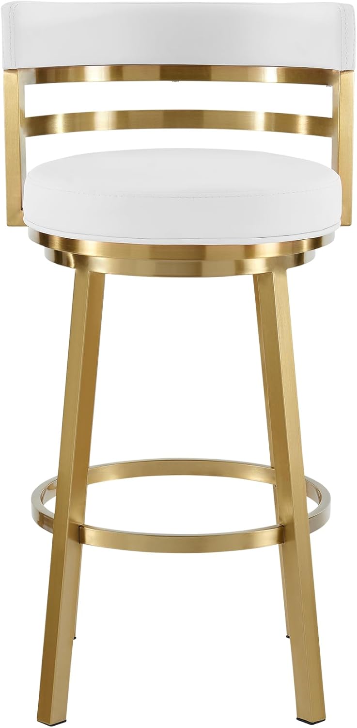 Armen Living Madrid 30" Seat Height Swivel Modern White Faux Leather and Gold Brushed Stainless Steel Bar Stool for Kitchen Island Counter