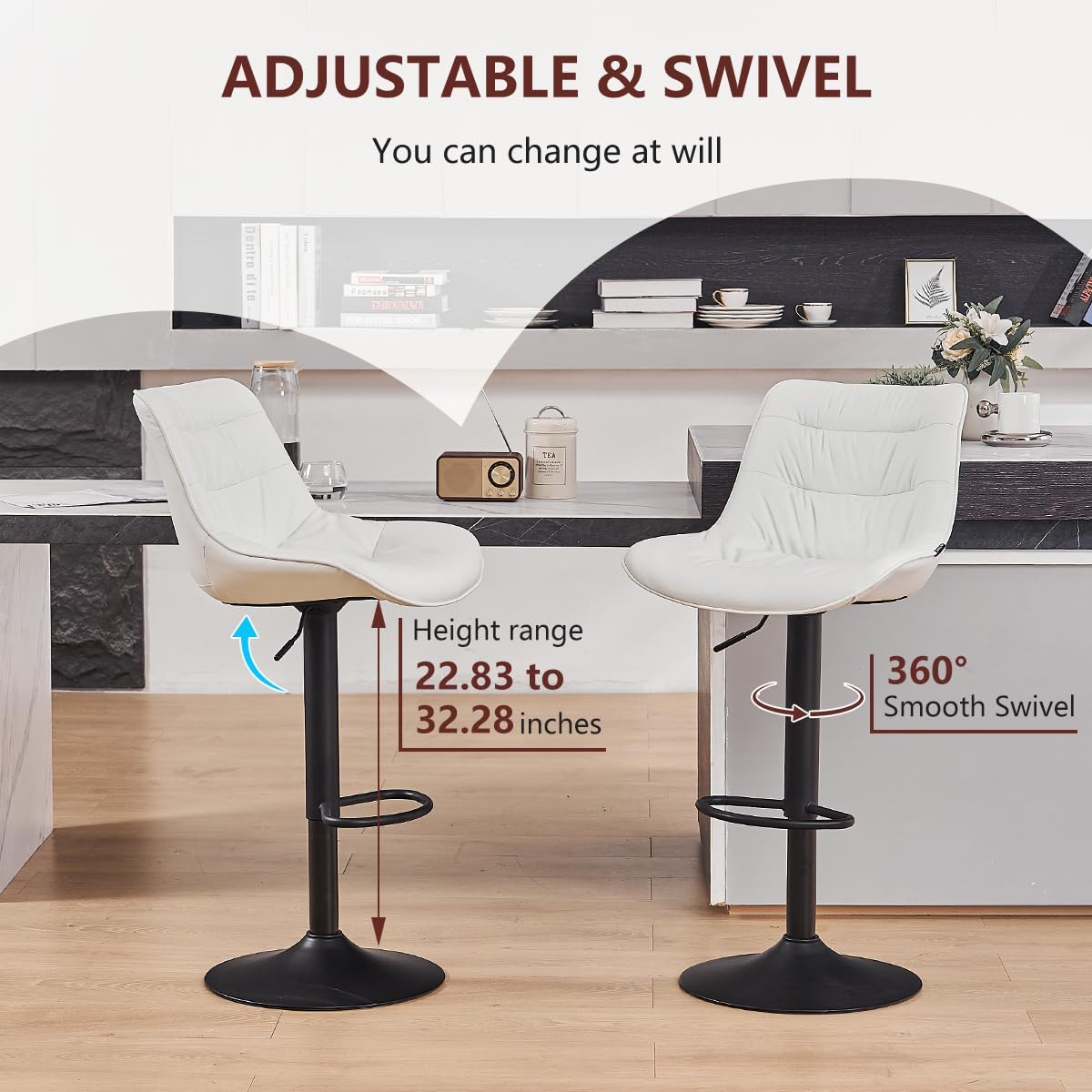 Kidol & Shellder Bar Stools Set of 2 Adjustable Swivel White, PU Leather Upholstered with Back, Modern Counter Height Stools for Kitchen Island, Home Bar