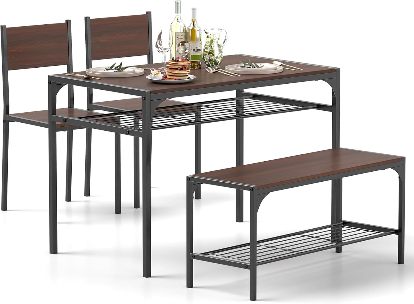 Tangkula Dining Table Set for 4, Kitchen Table and 2 Chairs for 4 with Bench, Additonal Storage Rack, 4 Piece Dining Table Set for Small Space, Apartment
