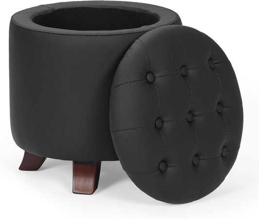 Athena Collection 15 Inch Small Ottoman with Storage, Round PU Leather Storage Ottoman Foot Rest with Removable Lid, Multipurpose Footstool Footrest for Living Room, Bedroom, Dorm, Black