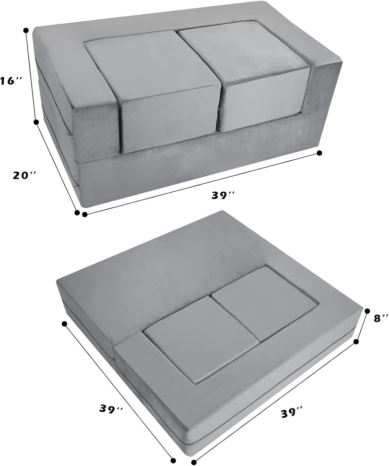 MeMoreCool Modular Kids Play Couch Sofa – Soft Convertible Toddler Couch, Grey Fold-Out Plush Foam Chair for Kids’ Playroom Fun