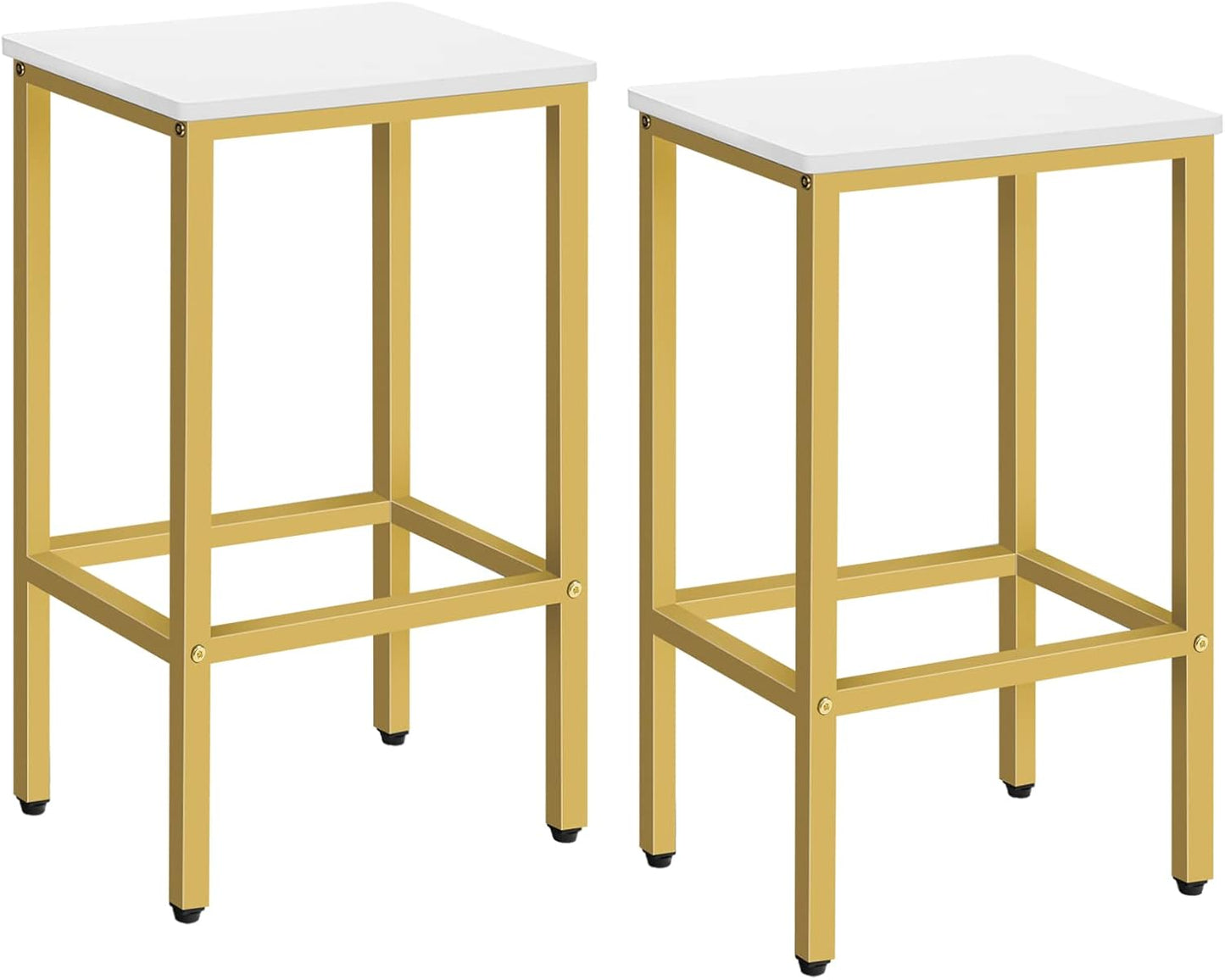 Bar Stools, Set of 2 Bar Chairs, Kitchen Breakfast Bar Stools with Footrest, 25.8-Inch Height, Rectangular Industrial Stools, for Dining Room, Easy Assembly, White and Gold BAJW0101