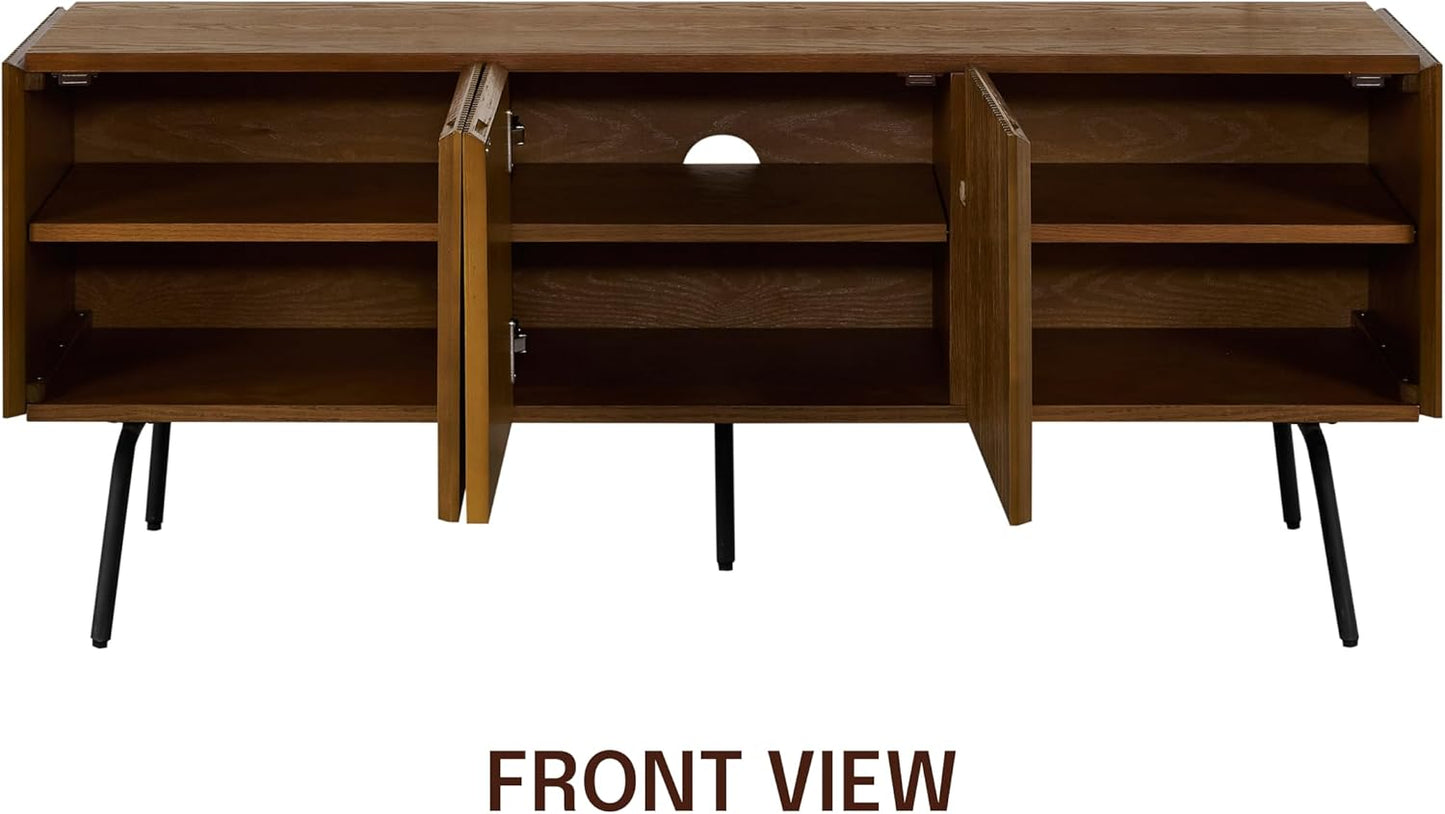 NTC Veil TV Stand with 3 Doors for TVs up to 60’’, Media Console with Vertical Groove Design and Metal Legs, Modern Entertainment Center for Living Room and Bedroom, Effortless Assembly, Rustic Oak
