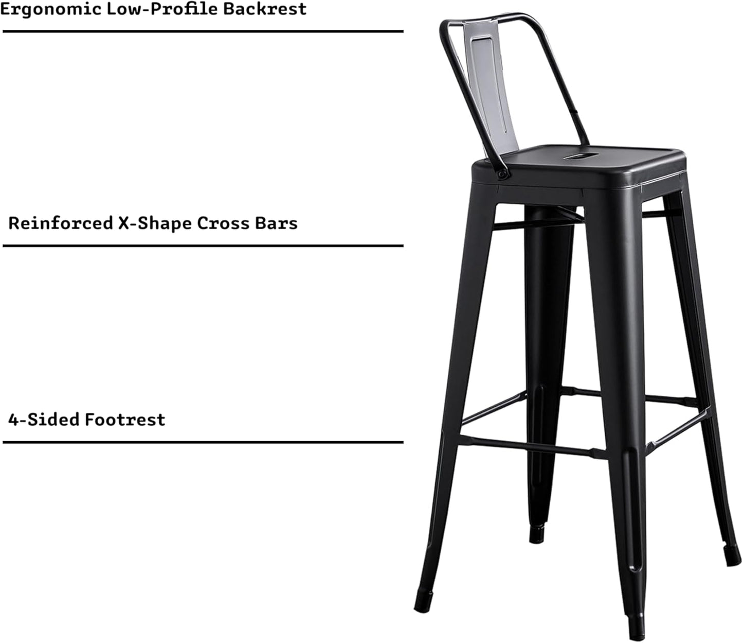 AC Pacific 30” Metal Barstool Set of 4 – Country Rustic Style with Low Back, Lightweight & Sturdy Build, Easy Assembly – Matte Black