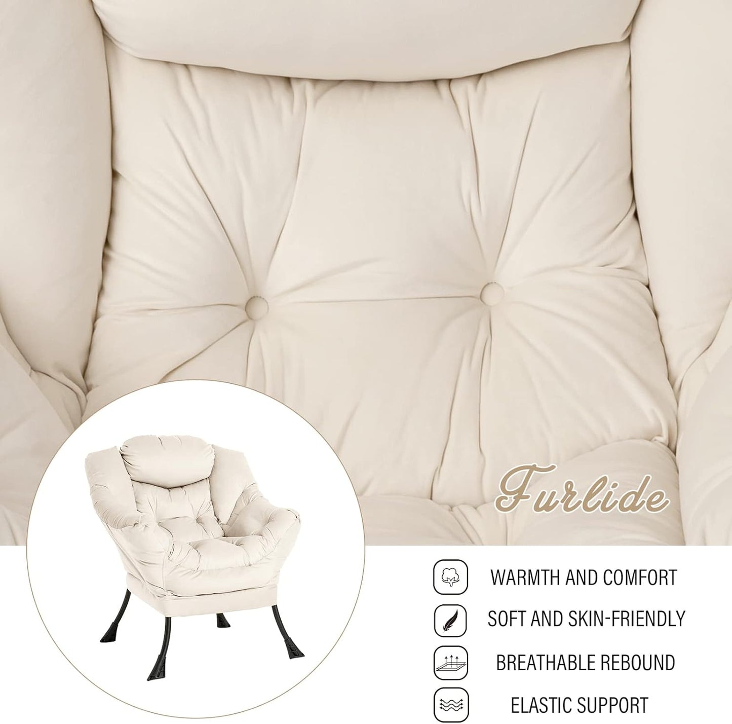 Lazy Chair with Ottoman, Modern Chair with Folding Footrest, Lounge Accent Chair, Comfortable Reading Chair, Oversized Armchairs for Bedroom, Study, Living Room, Courtyard (Beige)