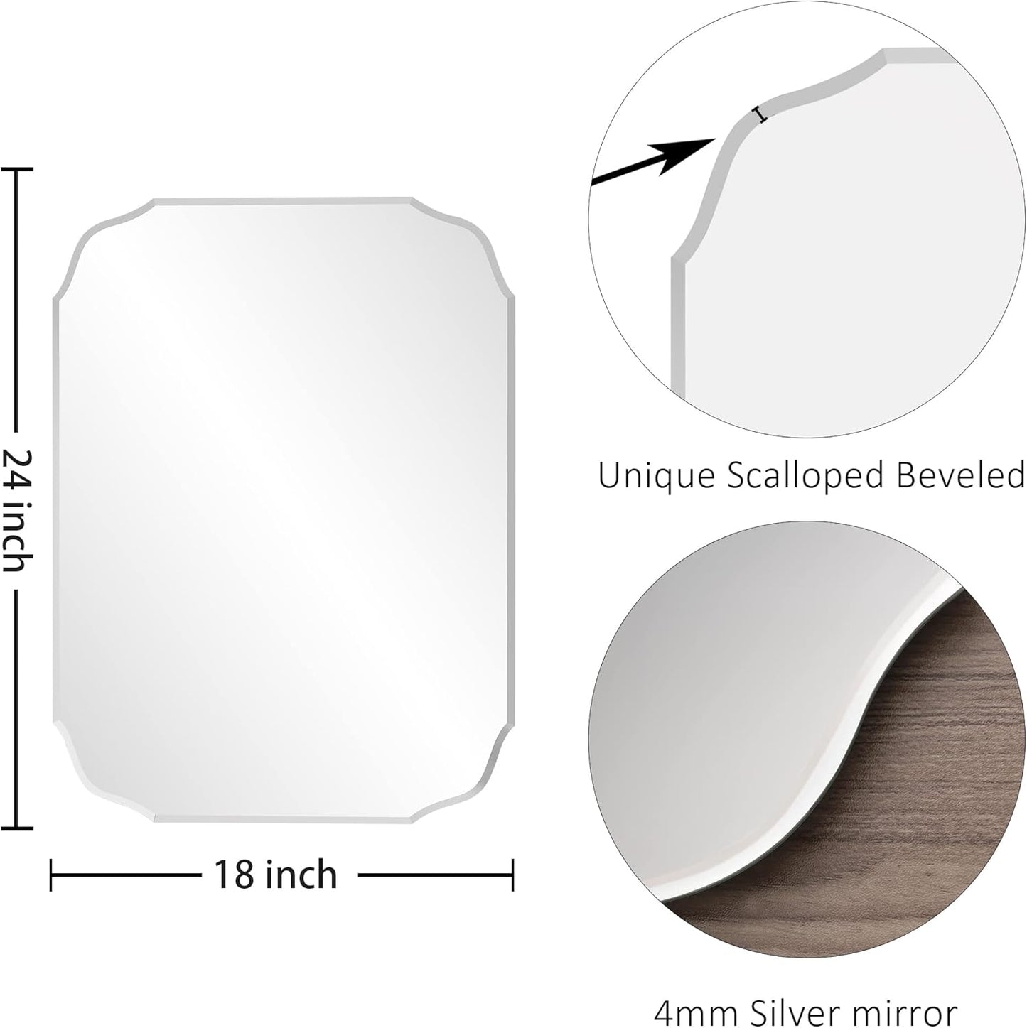 KOHROS Silver Bathroom Mirror 18" x 24" Frameless Rectangle Beveled Edge Bathroom Vanity Mirror for Over Sink, Wall Mirror for Small Bathroom Vanity Bedroom Hanging Horizontally or Vertically