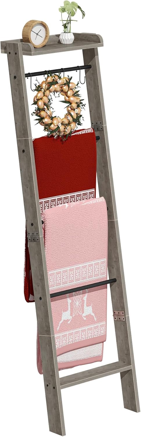 Blanket Ladder Shelf for Living Room, Decorative Quilt Rack with Storage Shelf, 6-Tier Farmhouse Ladder Holder Organizer with 4 Removable Hooks for Bedroom, Greige and Black BR35805B