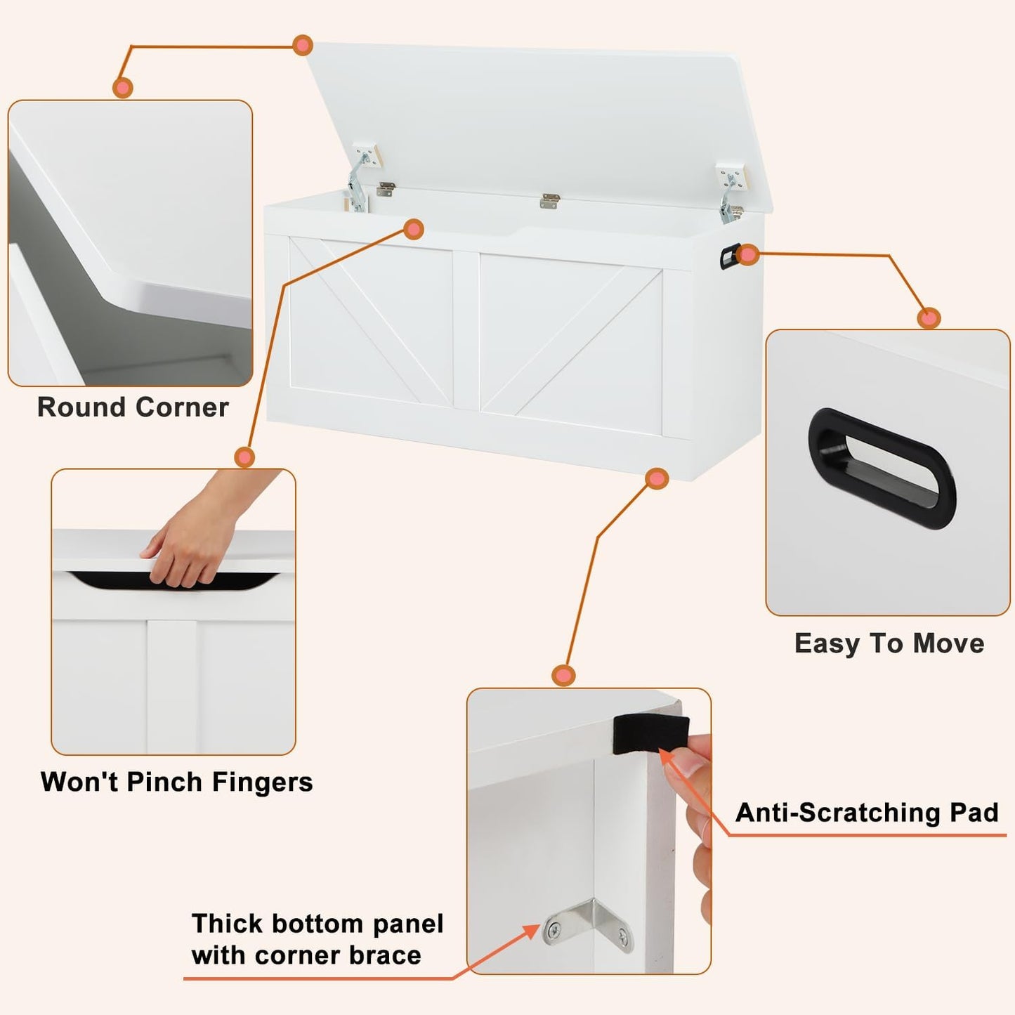 39.4" Storage Chest, Wooden Storage Bench, Large Storage Trunk with 2 Safety Hinges, Entryway Shoes Bench for Living Room, Bedroom, White