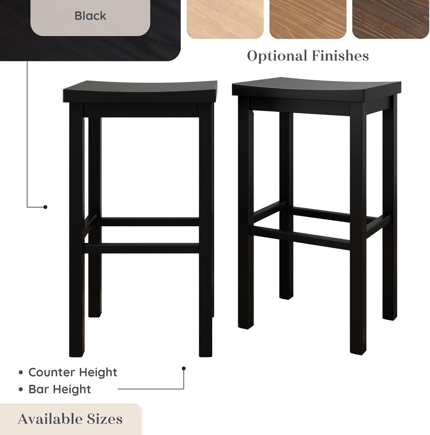 Grain & Grove Smith Collection Set of 2 Solid Wood Bar Stools, 30 inch Saddle-Seat Bar Chairs, Backless, Heavy-Duty Construction, Footrest Support, for Kitchen Islands, Home Bars, and Counters, Black