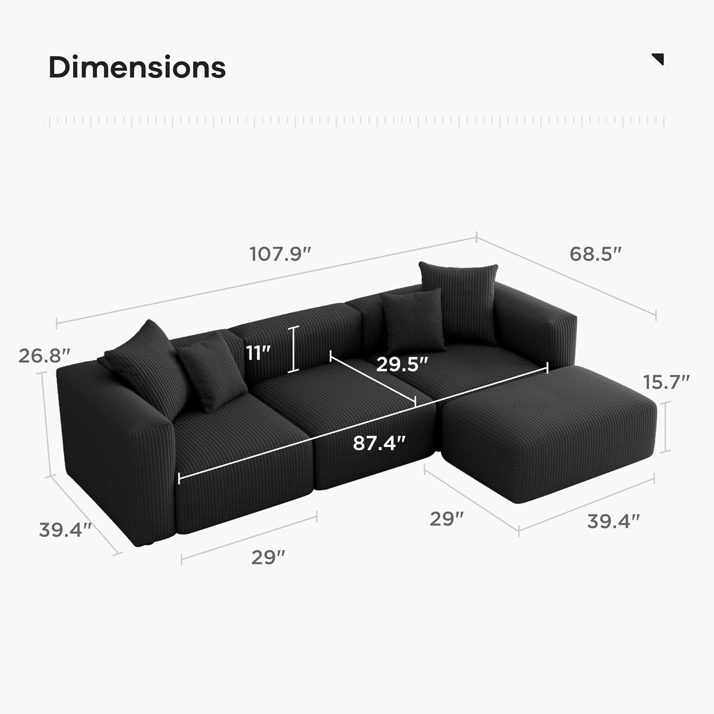 Acanva Convertible Modular Sectional Sofa with Movable Ottomans, Free Combination Corduroy Couch for Living Room Apartments, L-Shaped, Black