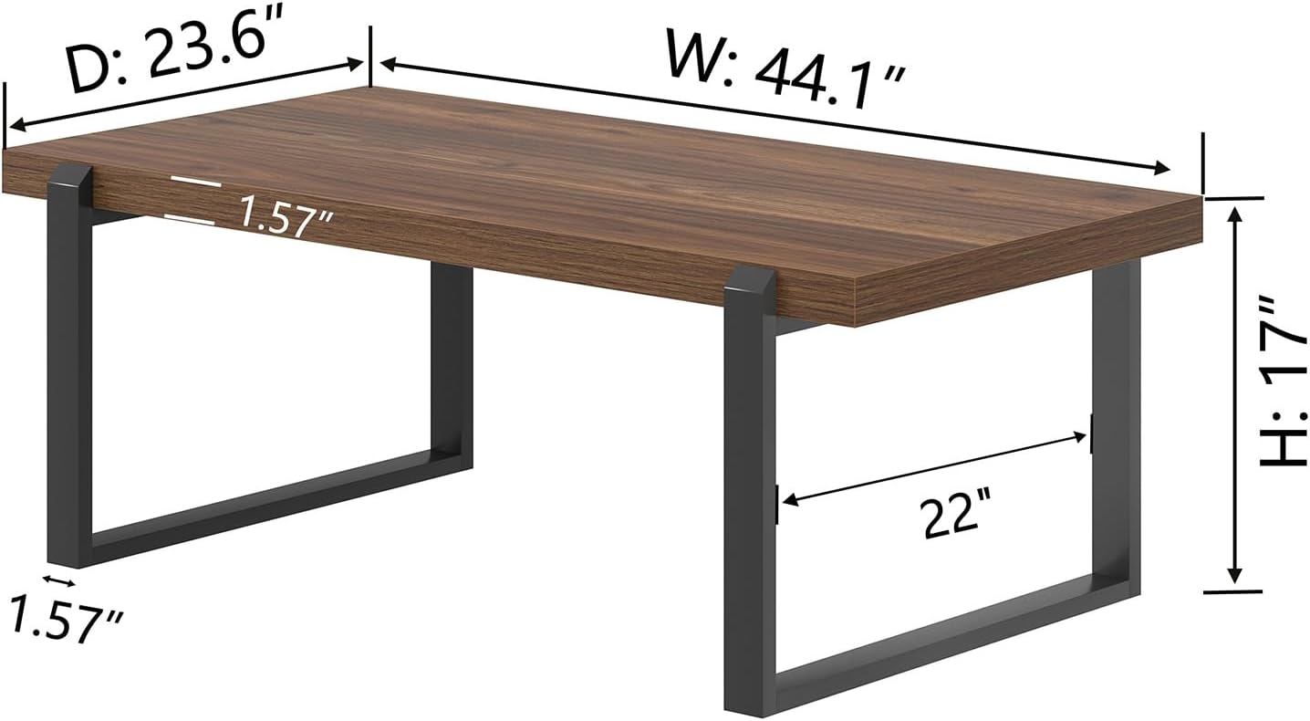 FOLUBAN Modern Coffee Table, Rustic Wood and Metal Center Table, Industrial Rectangle Cocktail Tea Table for Living Room, Walnut, 44 Inch