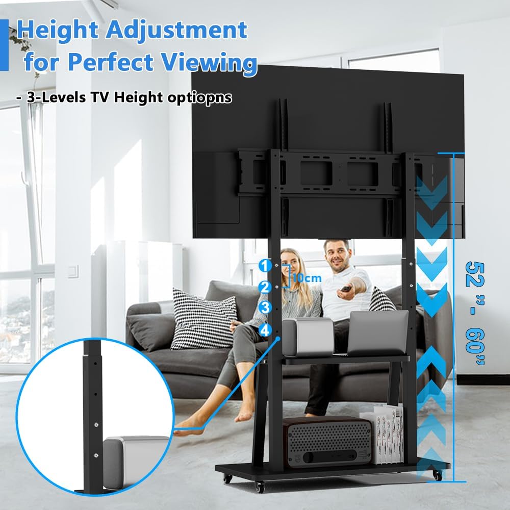 Mobile TV Cart Rolling TV Stand for 42 to 55 65 70 75 85 86 90 100 inch Television Heavy Duty Portable TV Stand on Wheels, Height Adjustment, Holds Up to 180 LBS, Vesa 200×200-900×600mm