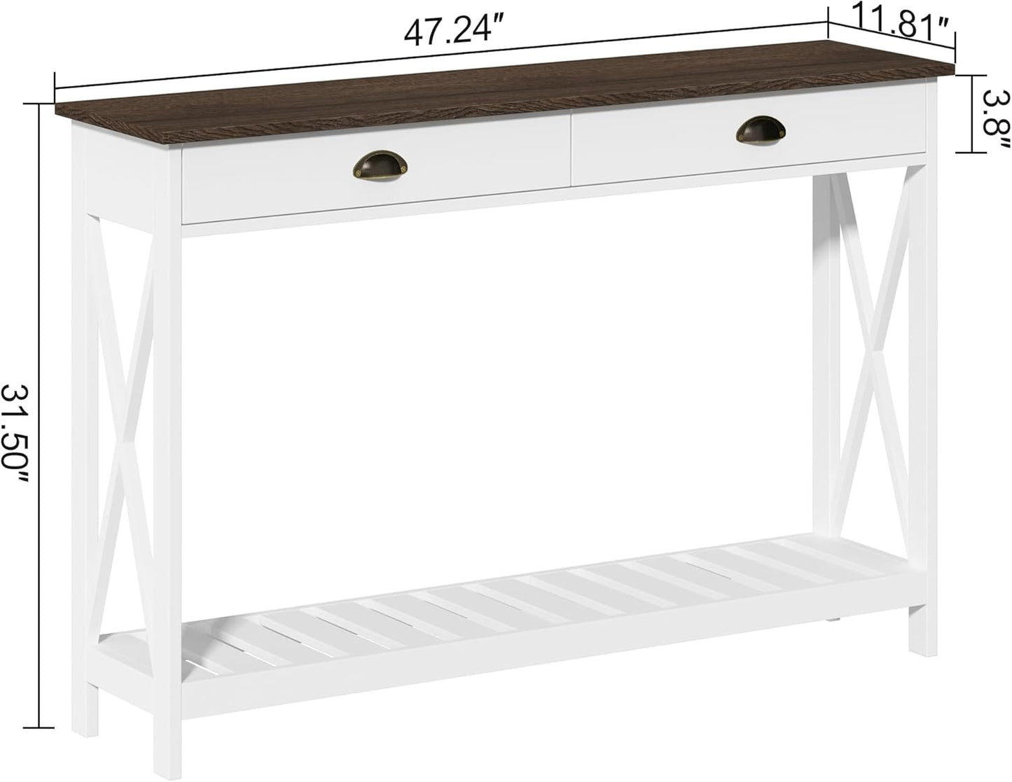 ChooChoo 47" Farmhouse Console Table with Drawer for Entryway, Narrow Long Entry Table with Shelf for Living Room, Rustic Vintage Hallway Sofa Table with Stable X Supports, White
