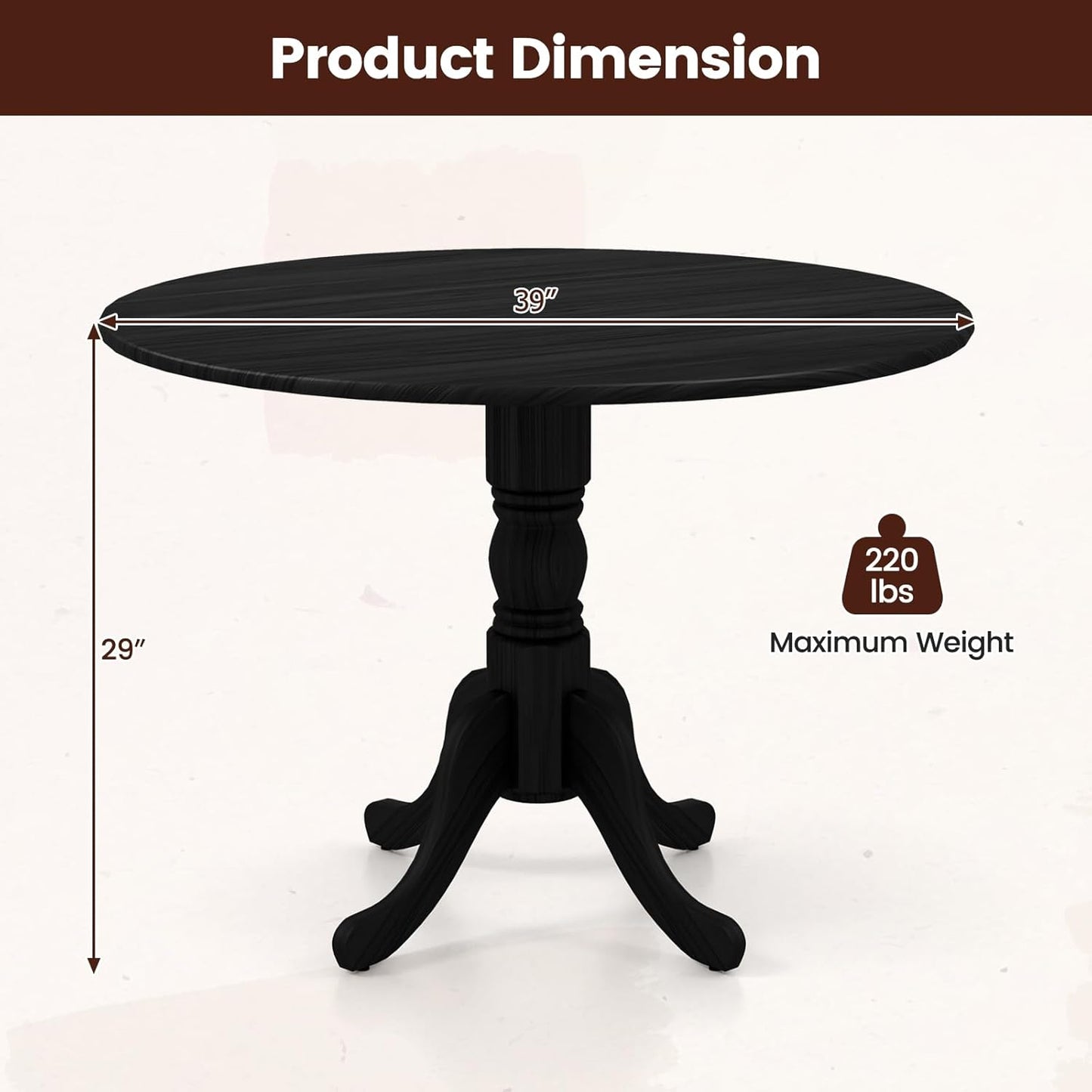 COSTWAY Round Dining Table for 4, 39 inch Kitchen Table with Solid Rubber Wood Frame, Adjustable Foot Pads, Curved Trestle Legs, Mid Century Rustic Dinning Table for Living Room, Black