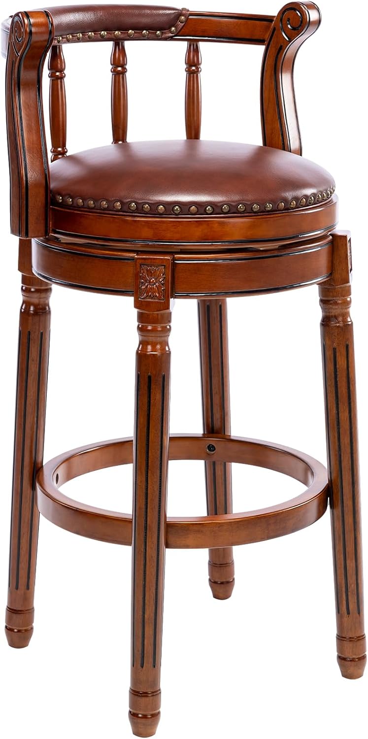 Cow top Leather Wooden Bar Stools, 360 Degree Swivel Bar Height Chair with Backs for Home Kitchen Counter, Morden Chair Barstools (Brown 1pc, Bar Height-Seat Height 29.5”)