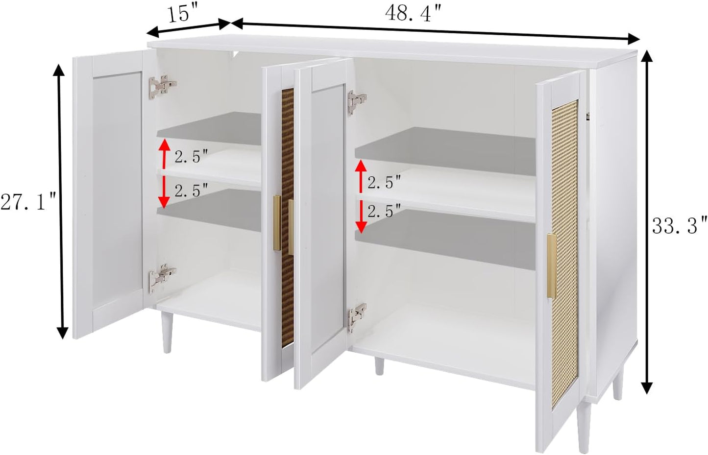Buffet Sideboard,Kitchen Storage Cabinet with 4 Rattan Decorated Doors,Coffee Bar Cabinet with Adjustable Shelves for Living Room,Hallway,White