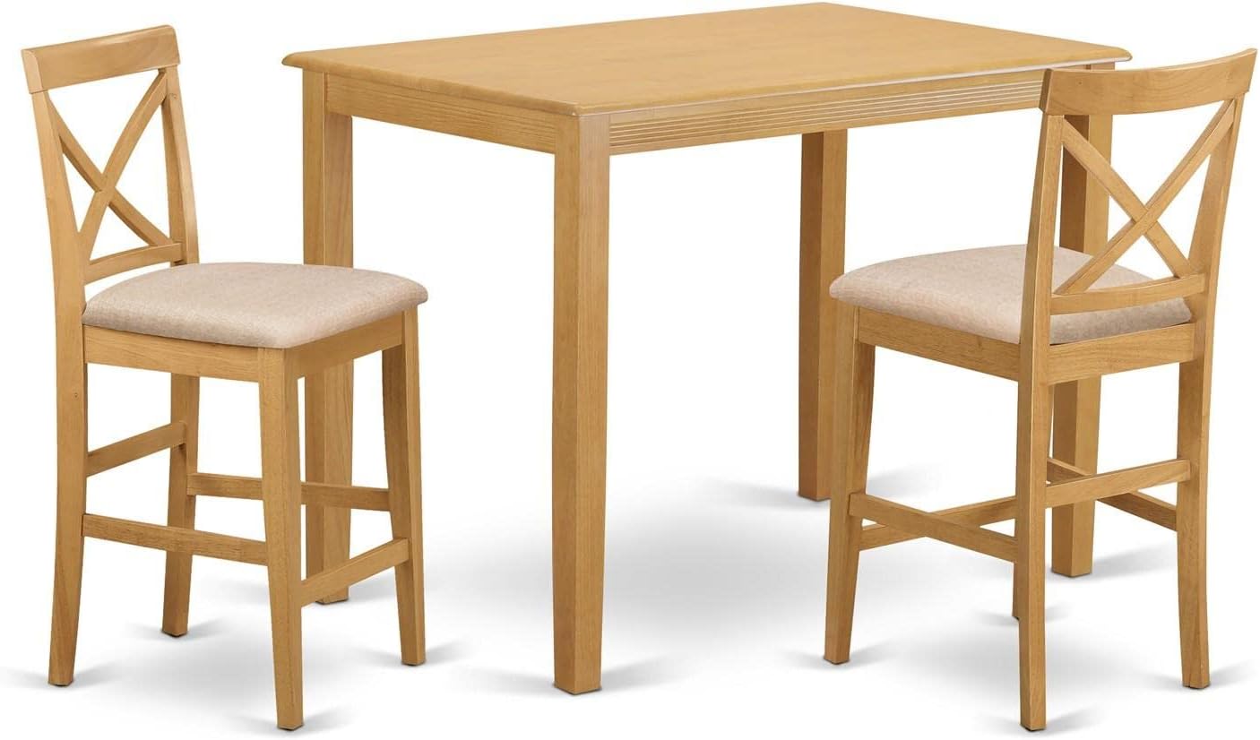East West Furniture YAPB3-OAK-C 3 Piece Kitchen Counter Set for Small Spaces Contains a Rectangle Dining Room Table and 2 Linen Fabric Upholstered Dining Chairs, 30x48 Inch, Oak