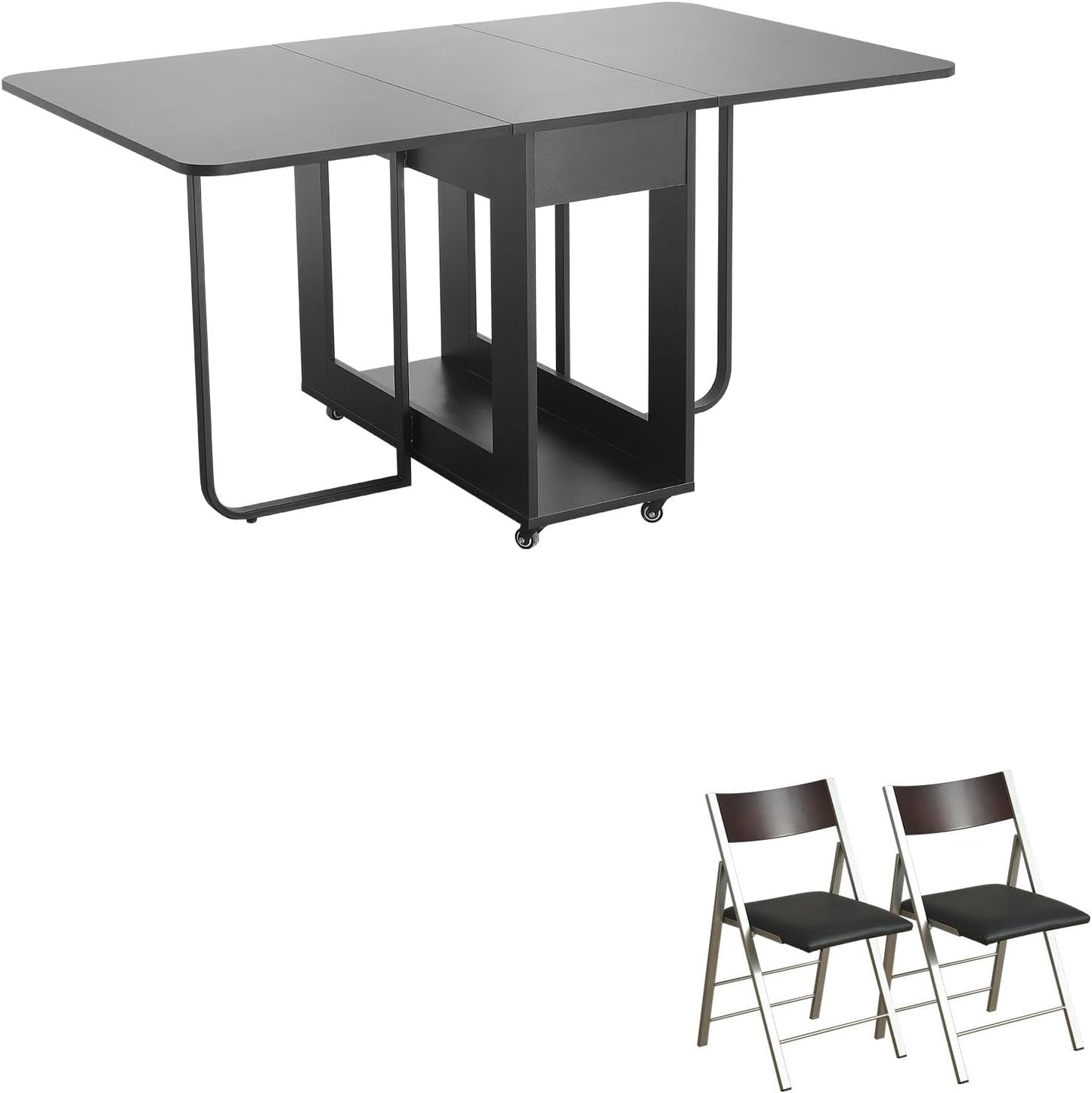 Folding table and chair set, dining table with extra large storage space and 4 universal wheels, matched with padded steel frame folding chairs, space-saving dining table and 2 chairs (Black)
