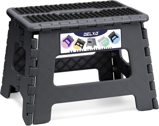 Delxo Folding Step Stool 9 Inch,Non-Slip Foldable Stools Up to 300 LBS,Kitchen Collapsible Fold Up Stepping Stool with Dotted 1 Pack,Gray