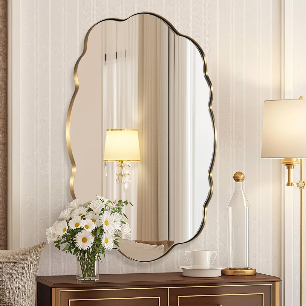 ANDY STAR Oval Bathroom Mirror, 30x40 Inch Scalloped Wall Mirror, Modern Brushed Gold Wavy Mirror, Anti-Rust Brass Metal Mirror for Bathroom Hang Vertical or Horizontal