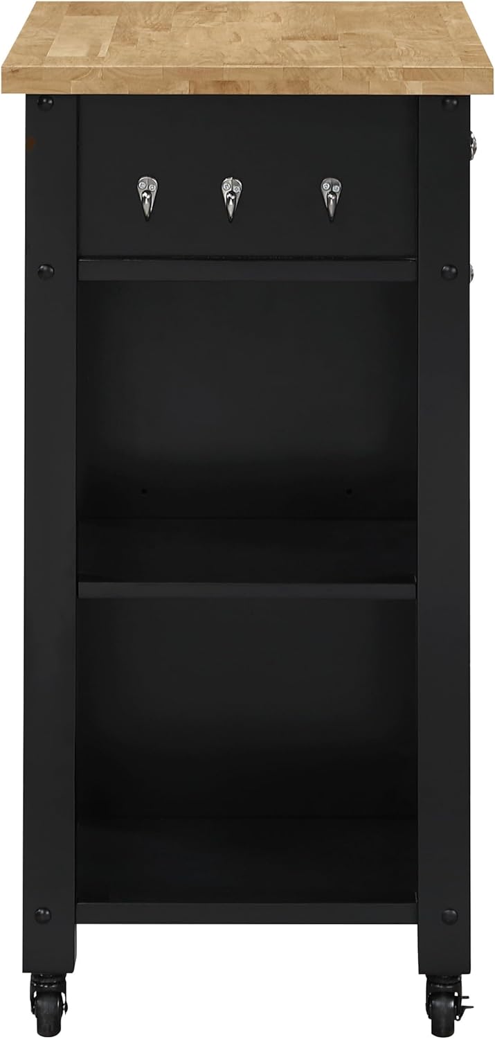 OSP Home Furnishings Derry Modern Farmhouse Kitchen Cart with Natural Butcher Block Top, Rolling Storage Cabinet with Drawer, Shelves, Hooks, Black Finish