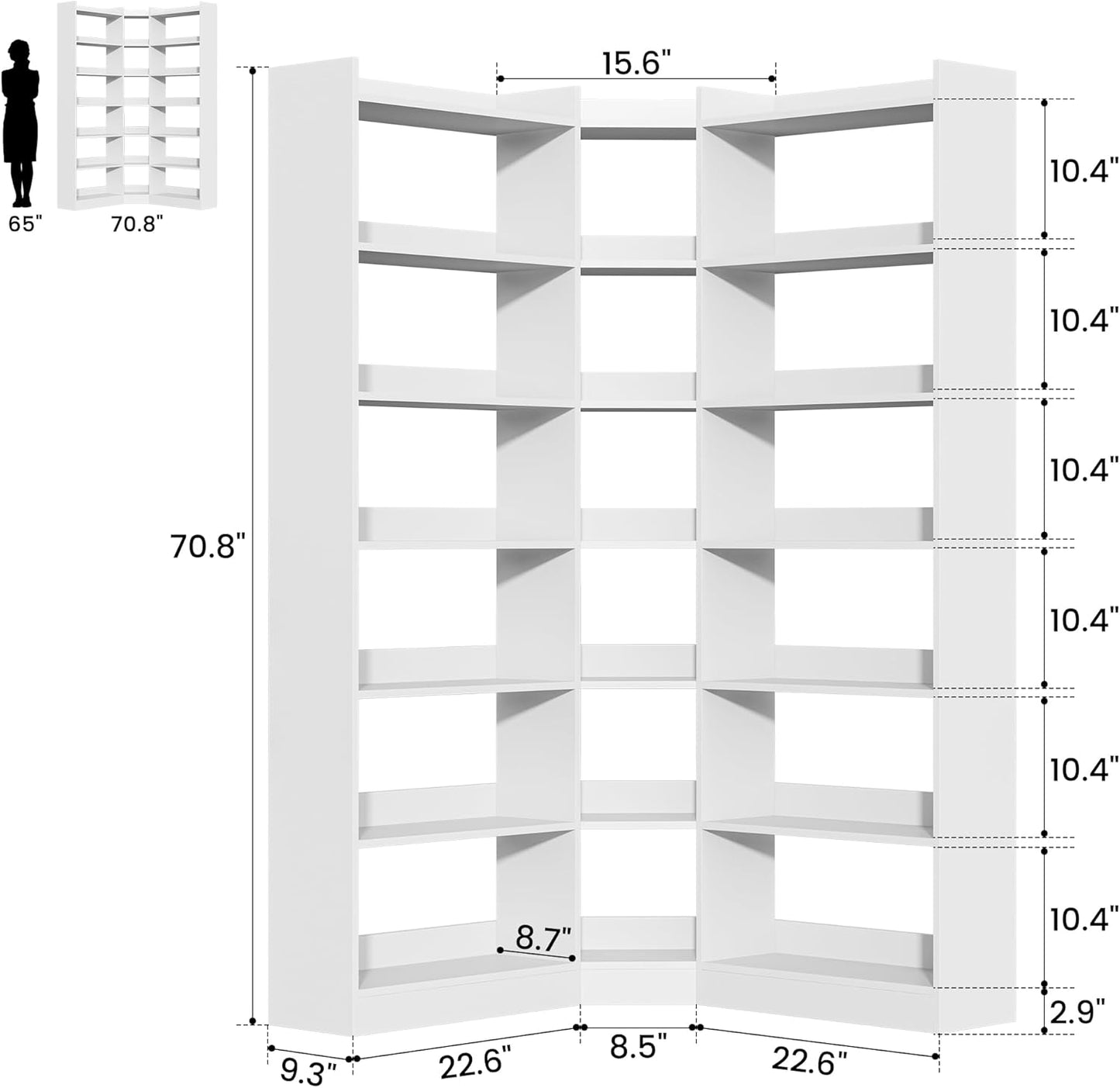 70.8" Tall Corner Bookshelf and Bookcases, 7 Tiers Morden Large Etagere Bookcases Storage Display Rack with Baffle, Industrial L Shaped Bookshelves for Bedroom, Home Office, Living Room, White