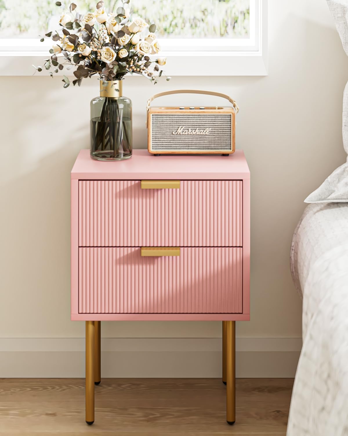 Nightstand,Morden Bedside Table with Gold Frame,Small White Night Stand,End Table,Bedside Furniture,Side Table with Drawer and Shelf for Bedroom,Living Room (2Drawers, Pink)