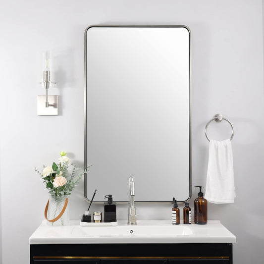 ANDY STAR 24x40'' Bathroom Mirror for Wall, Brushed Nickel Rounded Rectangle Mirror for Vanity in Stainless Steel Tube Metal Frame Antirust Wall-Mounted Horizontal or Vertical