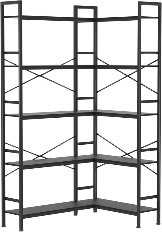 Black Corner Bookshelf,5 Tiers Corner Bookcase with Open Storage,L Shaped Shelves for Home Office,Living Room,Bedroom