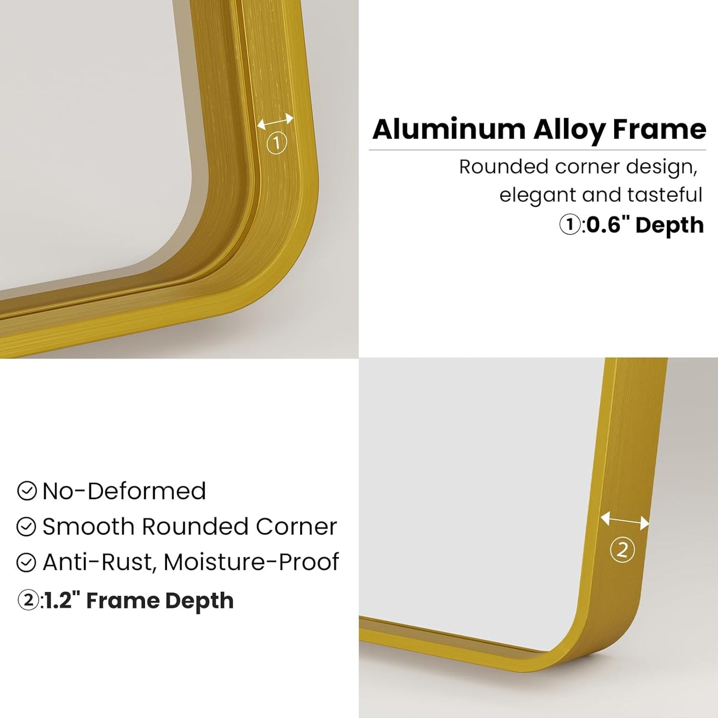 Gold Bathroom Mirror, 28x36 Inch Brushed Gold Metal Frame Mirror for Wall, Rounded Rectangle Bathroom Vanity Mirror, Tempered Glass, Anti-Rust, Horizontal/Vertical