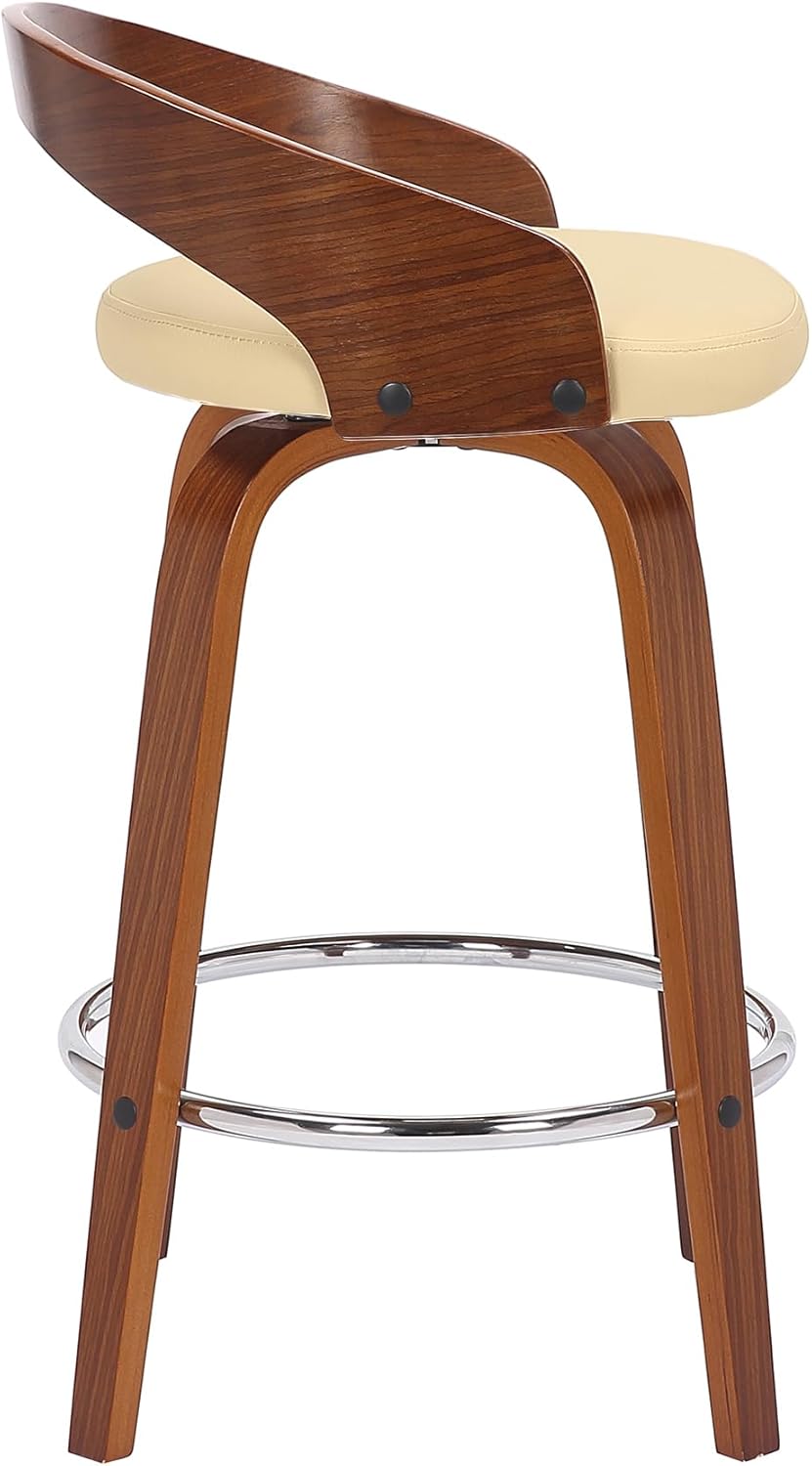 Armen Living Sonia 26" Counter Height Swivel Cream Faux Leather and Walnut Wood Bar Stool - Set of 3