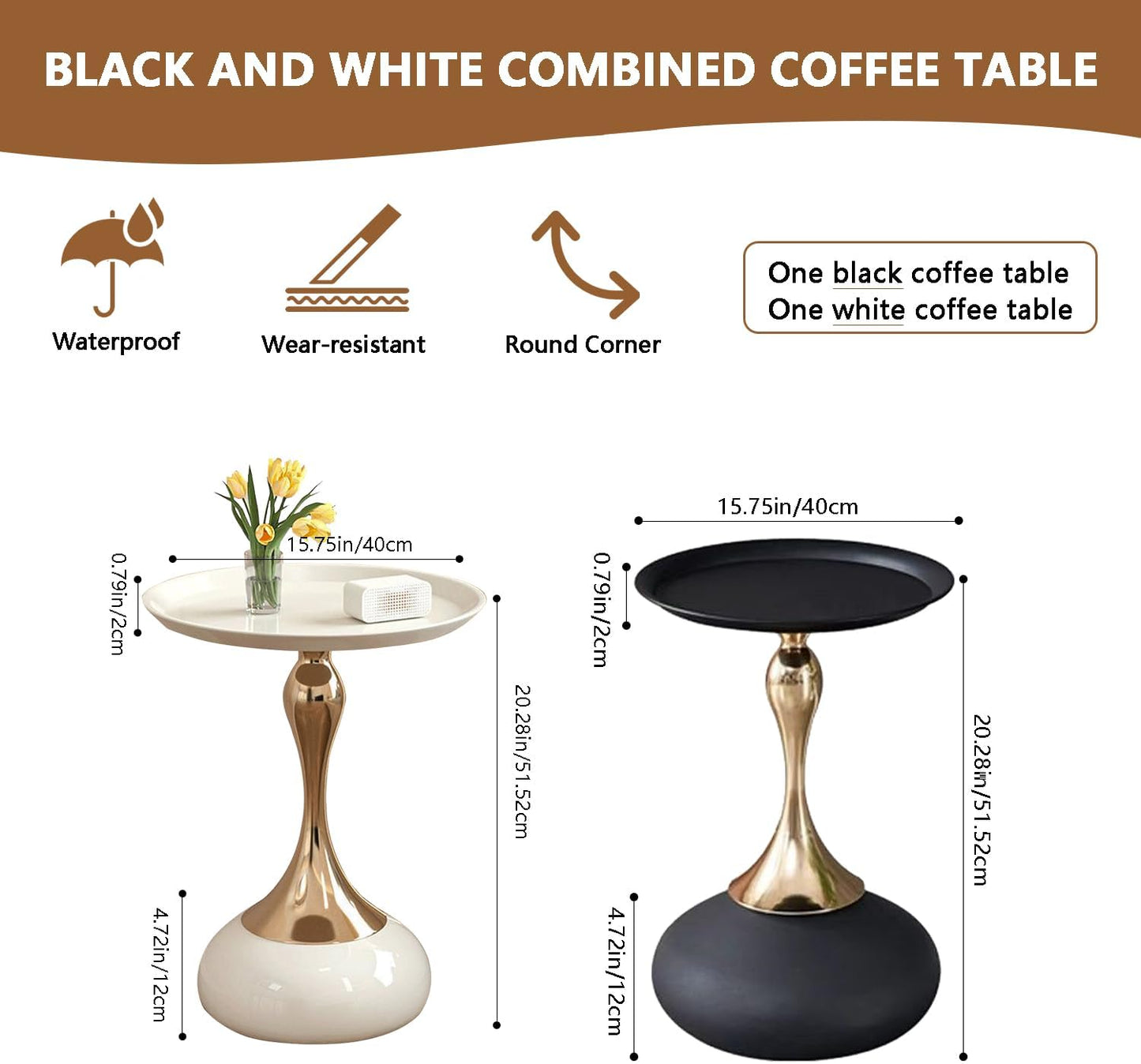 Modern Round Side Table with Gold Pedestal Base, Black Metal Top, Accent End Table for Living Room (Cream White+Black)