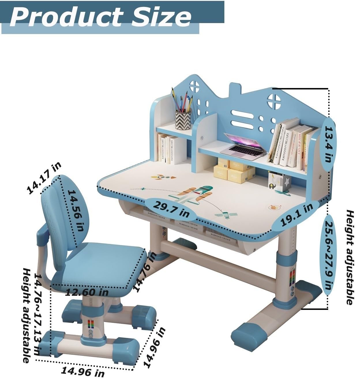 Kids' Table Chair Sets, Kids' Desks Chair, Children Study Desk Writing Table Computer Workstation With Large Storage Drawer And Bookshelf, Height Adjustable Kids Bedroom Furniture ( Color : Blue )
