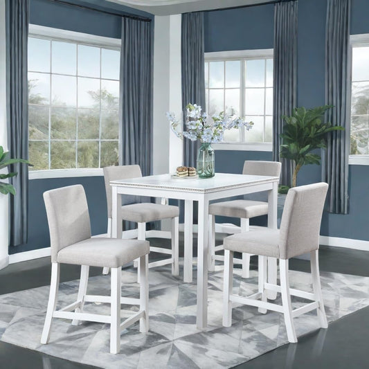 Dining Table Set for 4, Counter Height, Square, White - Easy to Assemble, Includes 4 Upholstered Chairs for Living, Dining, Guest Room