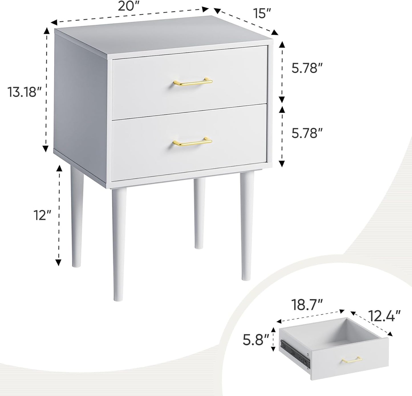 White Nightstand with 2 Drawers, 26" Tall Modern Bedside Table, Mid-Century Modern End Table, Wood Night Stand with Solid Wood Leg for Bedroom, Office