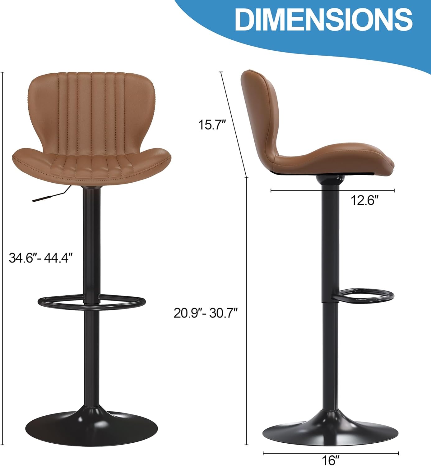Shintenchi Bar Stools Set of 6 Modern Swivel Bar Chairs, Counter Height Faux Leather Metal Barstools, Upholstered Island Chairs with Back and Footrest, Coffee