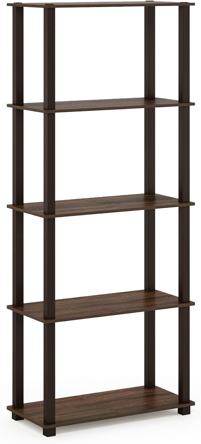 Furinno Turn-N-Tube 5-Tier Multipurpose Shelf / Display Rack / Storage Shelf / Bookshelf, Square Tubes, Walnut/Brown