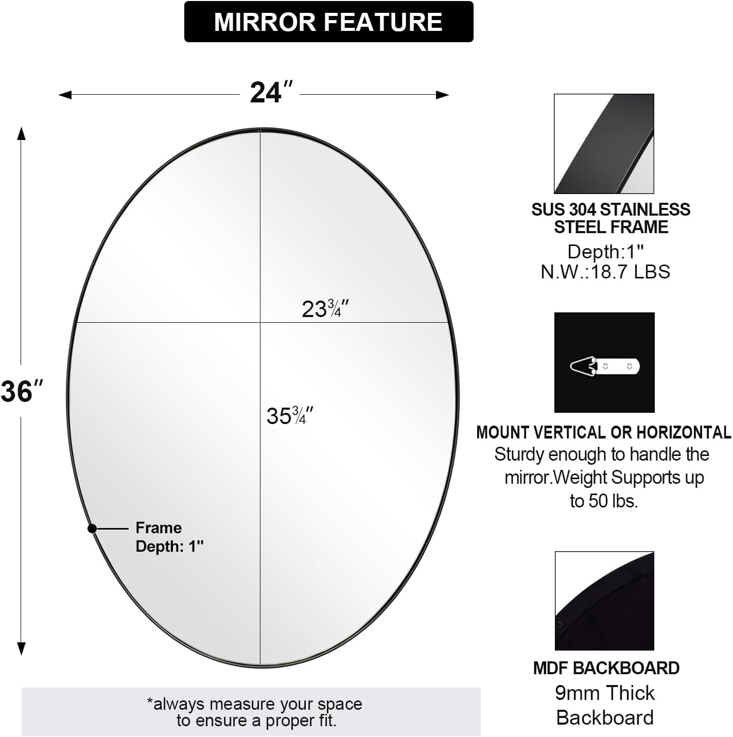 ANDY STAR Black Oval Mirrors for Bathroom, 24x36 Inch Matte Black Stainless Steel Metal Framed Oval Wall Mirror, Modern Vanity Mirror Wall Mount Horizontal or Vertical