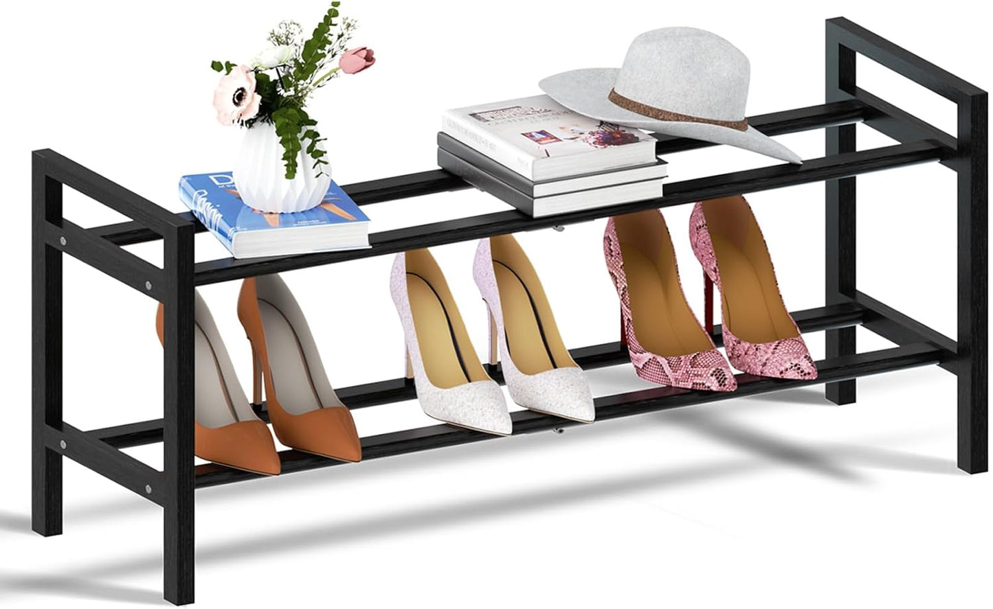 Haddockway Bamboo Shoe Rack for Closet, Free Standing Shoe Organizer with Smooth Round Rods & Convenient Handles, Stackable Shoe Storage Shelf for Entryway, Hallway(Black, 2-Tier)