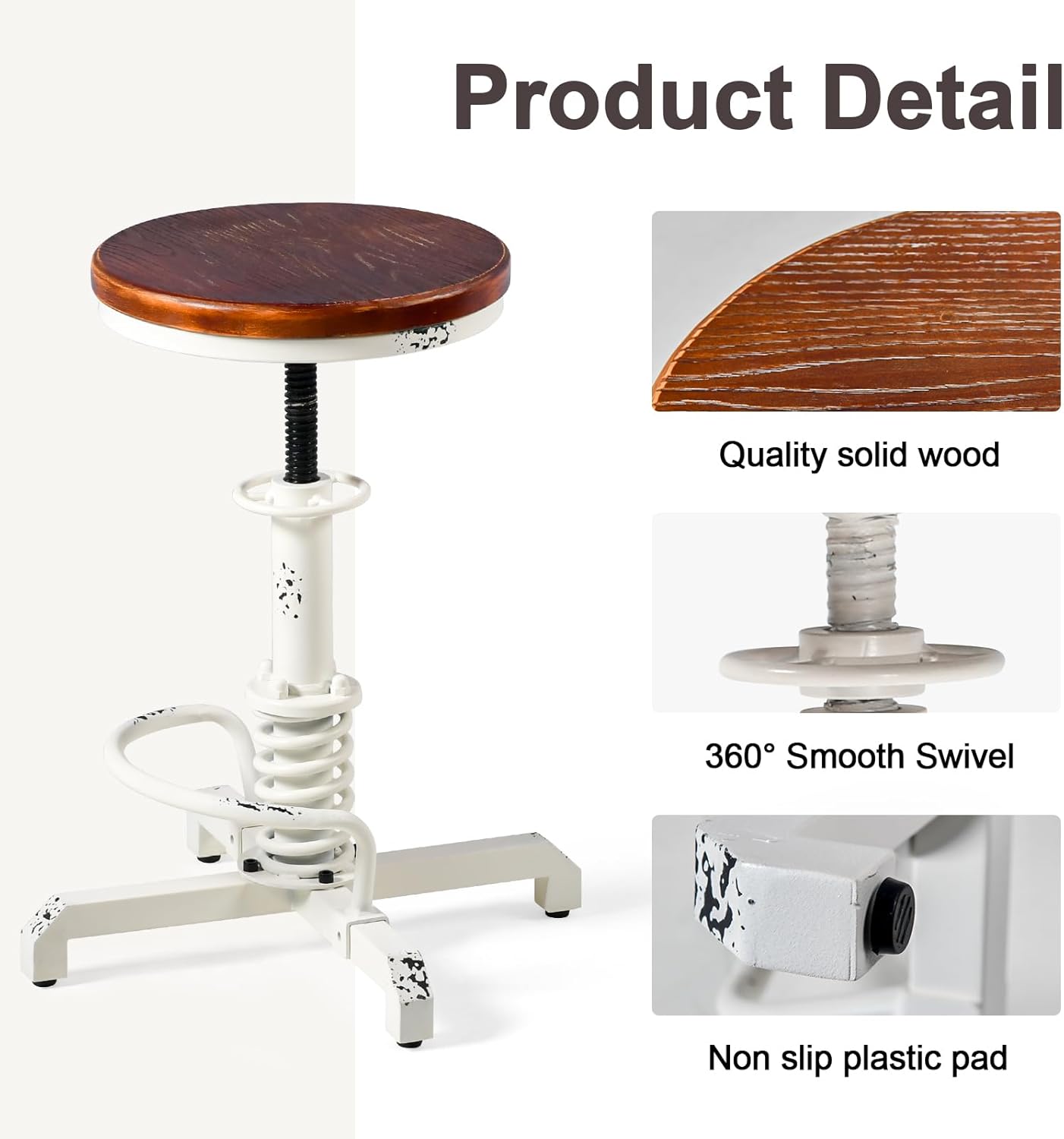 Topower Industrial Retro Vintage Farm Wooden Seat Tractor Stool Kitchen Swivel Height Adjustable bar Stool Antique White