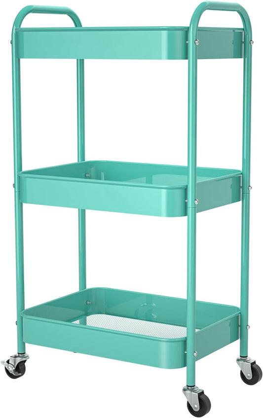 3-Tier Rolling Metal Storage Cart with Wheels, Multi-Functional Organizer for Office, Kitchen, Bathroom, Books Diapers - Easy Assembly (Blue)