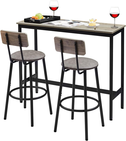 Tatub Bar Table with Stools Set of 2, Industrial 3 Piece Counter Height Small Dining Sofa Table and Chairs Set of 2, Gray